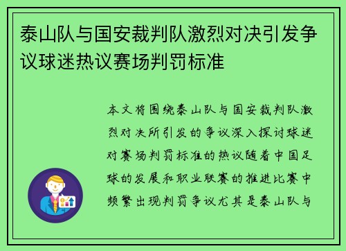 泰山队与国安裁判队激烈对决引发争议球迷热议赛场判罚标准
