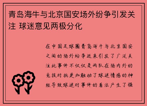 青岛海牛与北京国安场外纷争引发关注 球迷意见两极分化