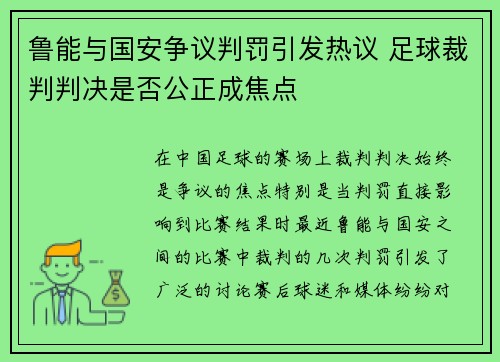 鲁能与国安争议判罚引发热议 足球裁判判决是否公正成焦点